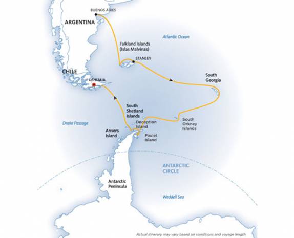 O roteiro do nosso barco, saindo de Buenos Aires, passando pelas Malvinas, Geórgia do Sul e Antártida e chegando em Ushuaia